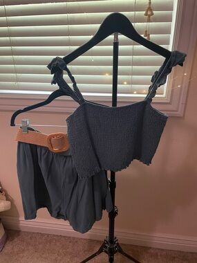 Women's blueish/green smocked Crop Top and Short Set with Tan Belt